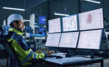 Operator in factory in front of screens
